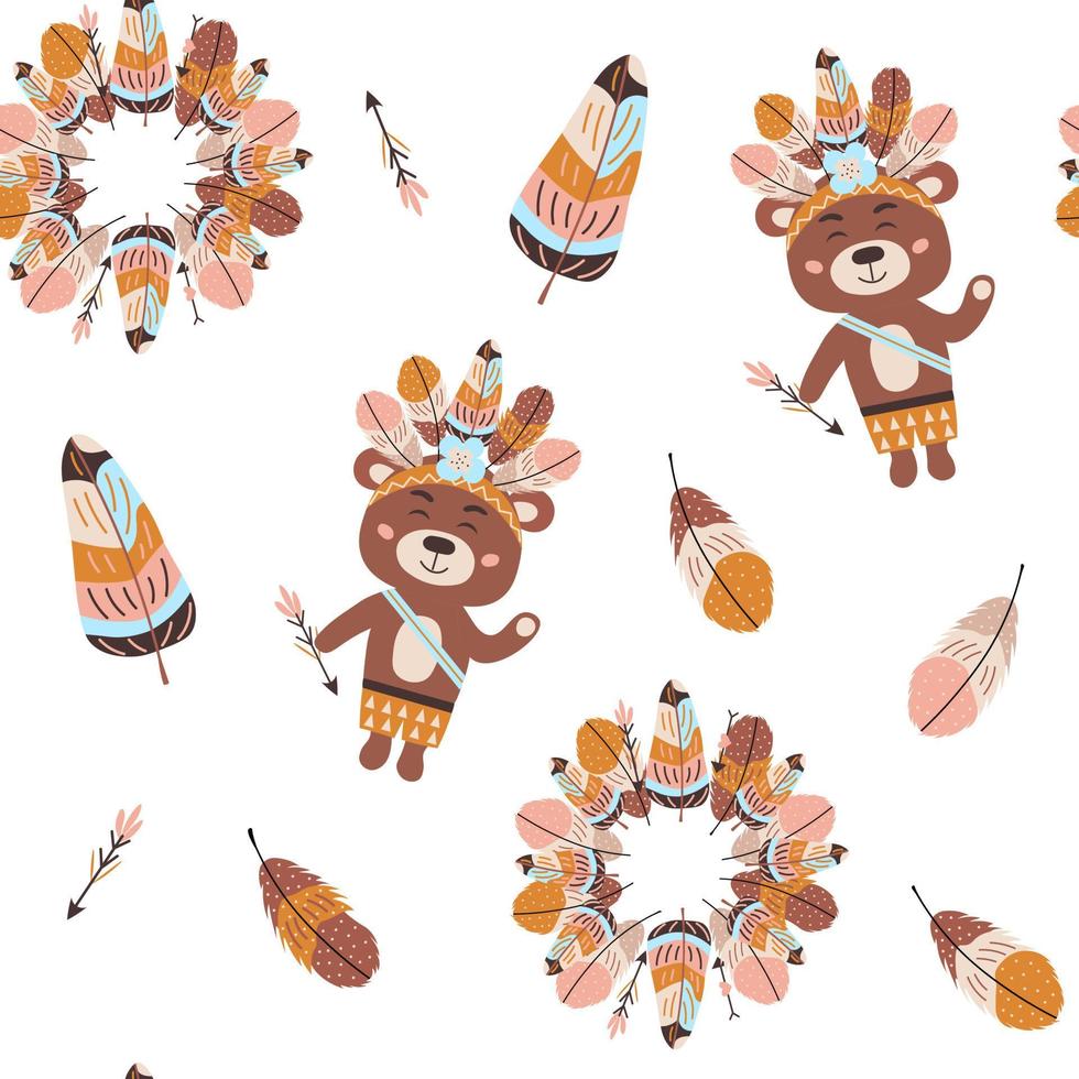 Boho seamless pattern with bear and feathers vector