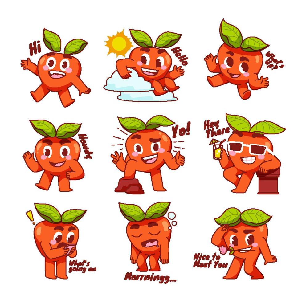 conjunto de pegatinas de chat de saludo de dibujos animados con un lindo personaje de manzana vector
