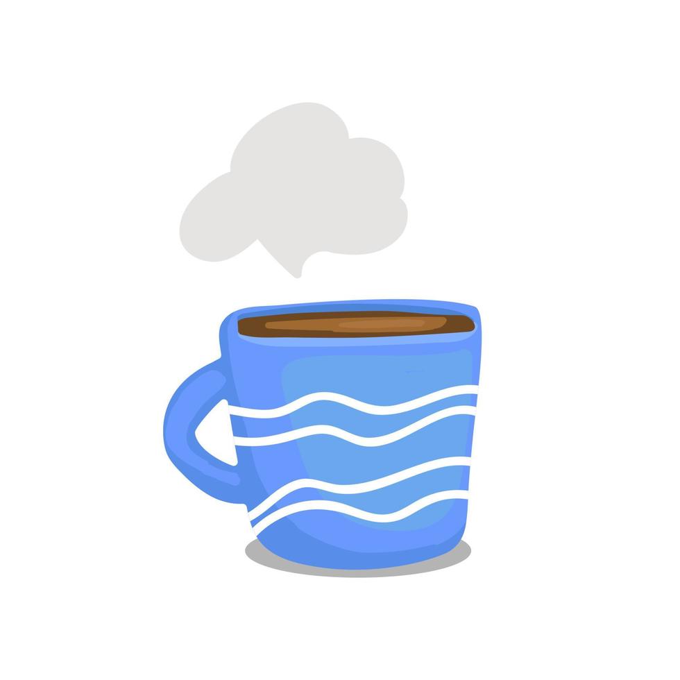 blue mug or cup with white stripes pattern and hot drink doodle painting vector illustration