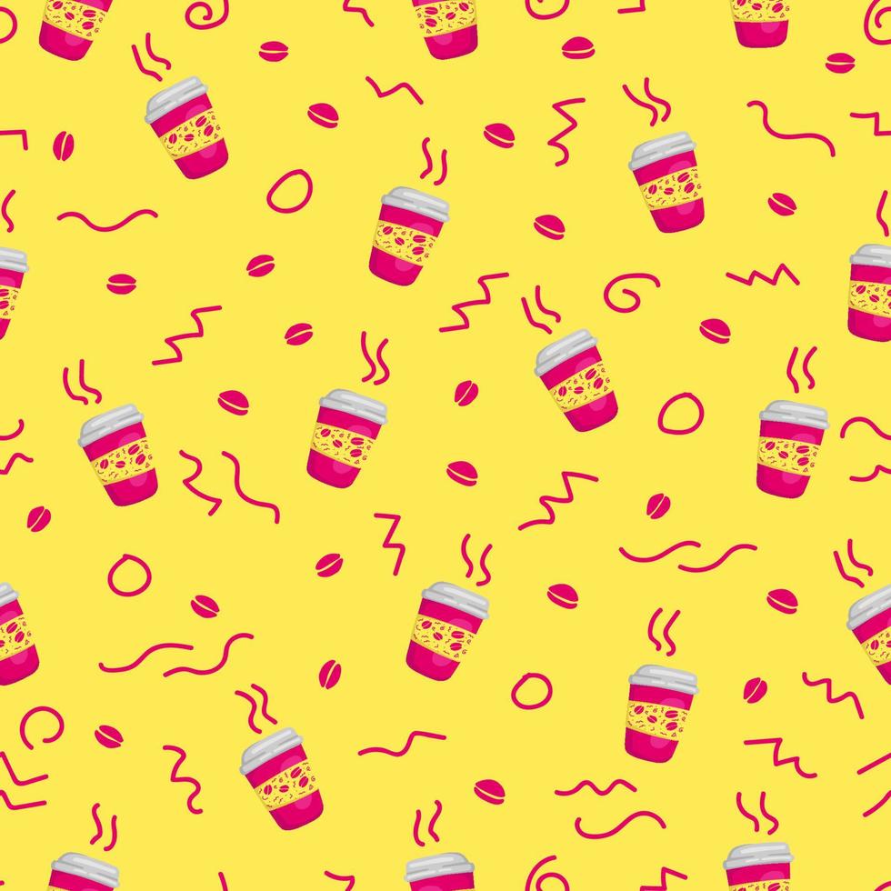 Memphis pink coffee cup to go and beans seamless print background pattern vector