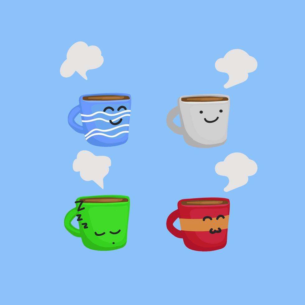 Happy funny coffee mug vector character illustration set