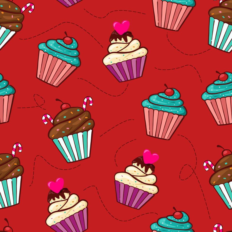 dulces cupcakes de patrones sin fisuras con fondo rojo vector