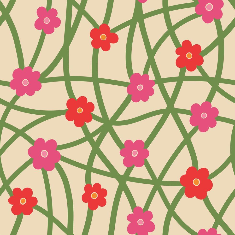 Aesthetic Contemporary printable seamless pattern with retro groovy flowers. Decorative Naive 60's, 70's style Vintage boho background in minimalist mid century style for fabric, wallpaper or wrapping vector