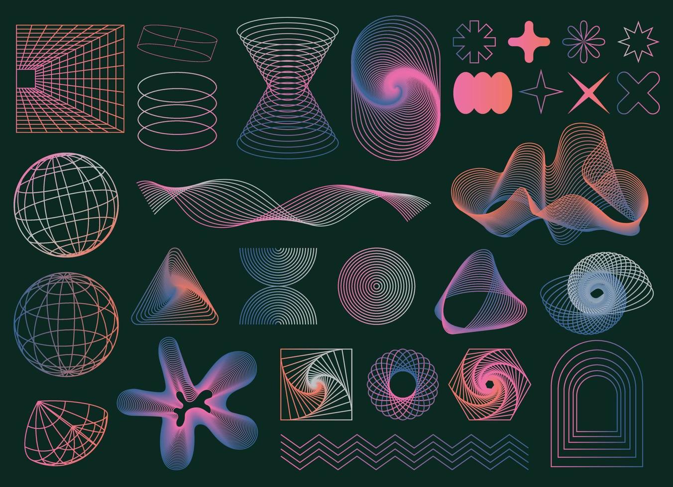 conjunto de formas geométricas abstractas con tendencia a elementos de diseño de líneas futuristas, formas infográficas. onda de vapor digital de futurismo retro de moda moderna. ilustración vectorial retrofuturista para ui y ux vector