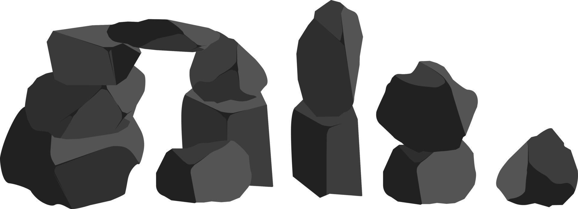 un conjunto de carbón negro de varias formas.colección de piezas de carbón, grafito, basalto y antracita. el concepto de minería y mineral en una mina. fragmentos de roca, cantos rodados y material de construcción. vector