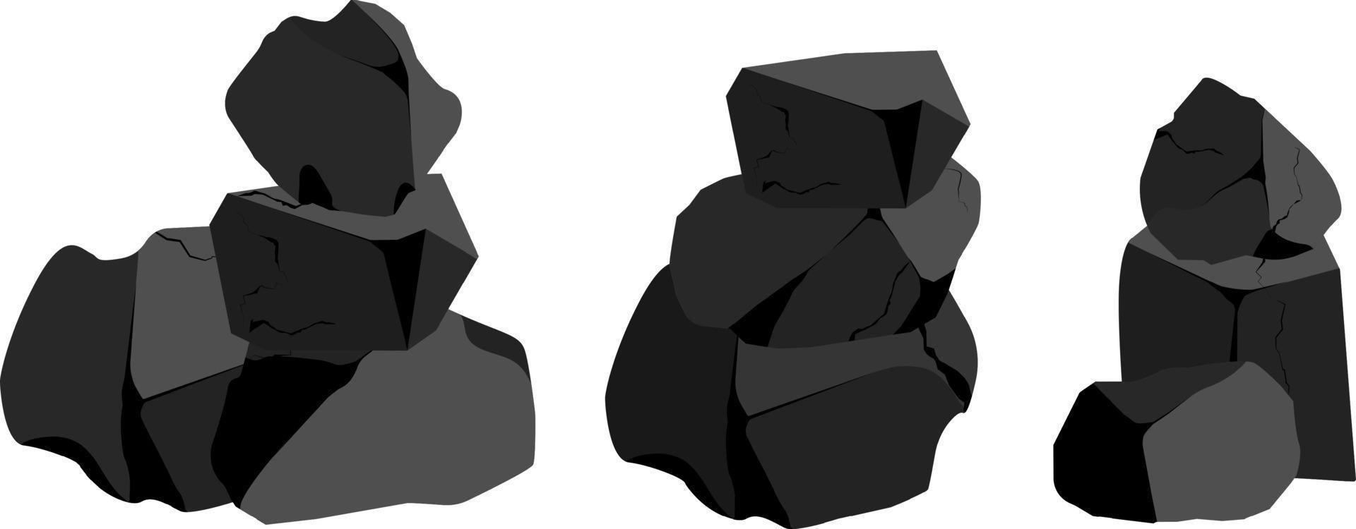 un conjunto de carbón negro de varias formas.colección de piezas de carbón, grafito, basalto y antracita. el concepto de minería y mineral en una mina. fragmentos de roca, cantos rodados y material de construcción. vector