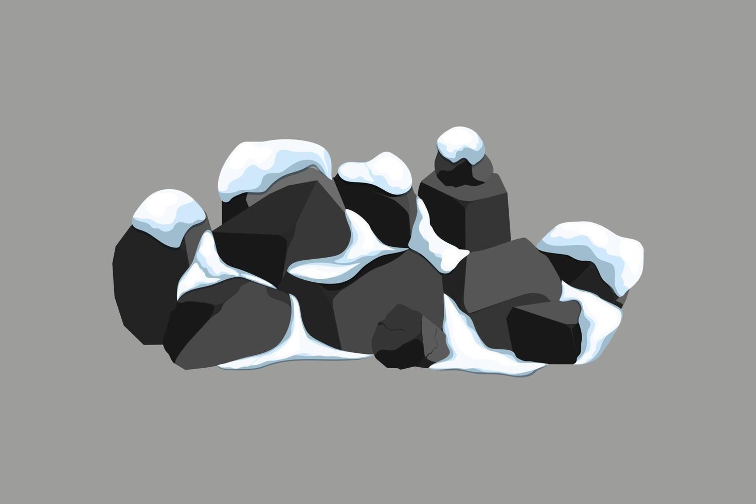 Collection of stones of various shapes in the snow.Coastal pebbles,cobblestones,gravel,minerals and geological formations.Rock fragments,boulders and building material.Vector illustration. vector