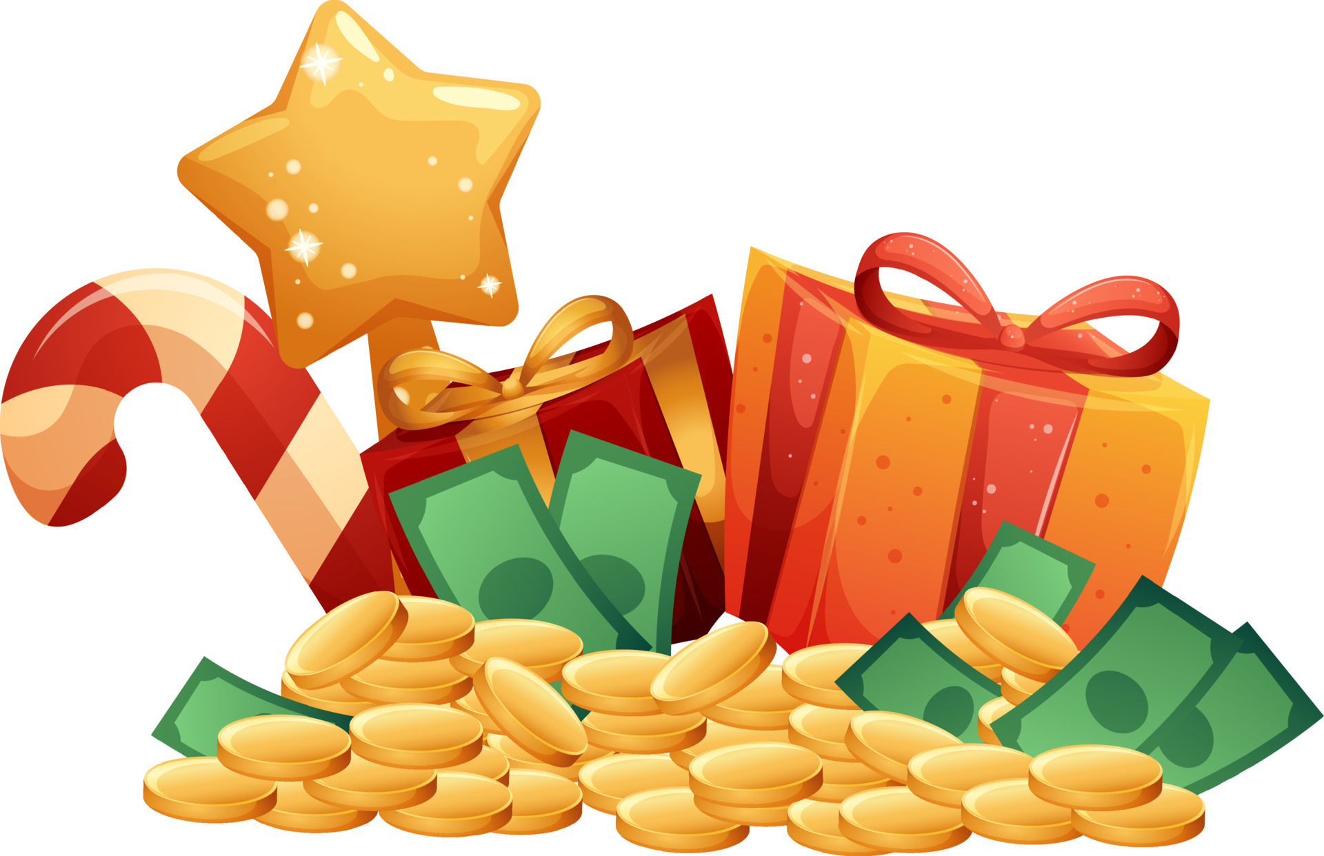 Christmas gifts, winter raffle of money, pile of banknotes and coins