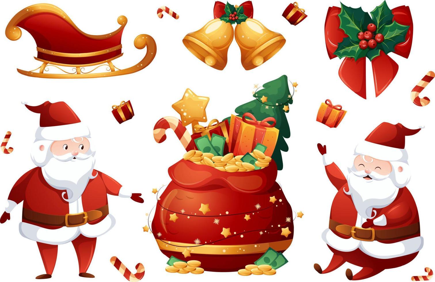 Set of Christmas Gift items with Santa Claus bag, holly, sleigh and golden bells vector