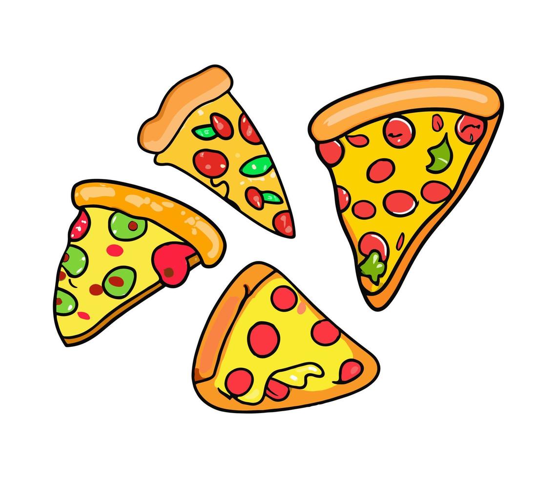 Pizza slice with dripping cheese. Vector Illustration.