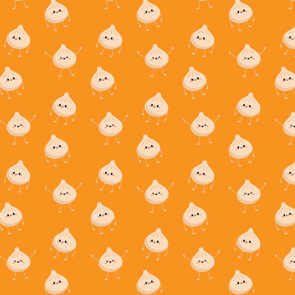 Dimsam character. Chinese dumplings pattern. Kawaii Asian cuisine. Vector illustration.