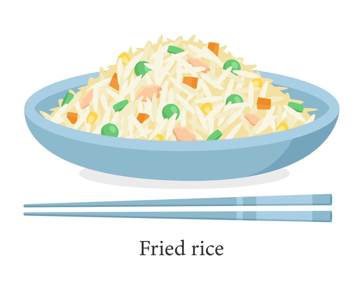 arroz frito en un bol con palillos. plato tradicional asiático. ilustración vectorial vector