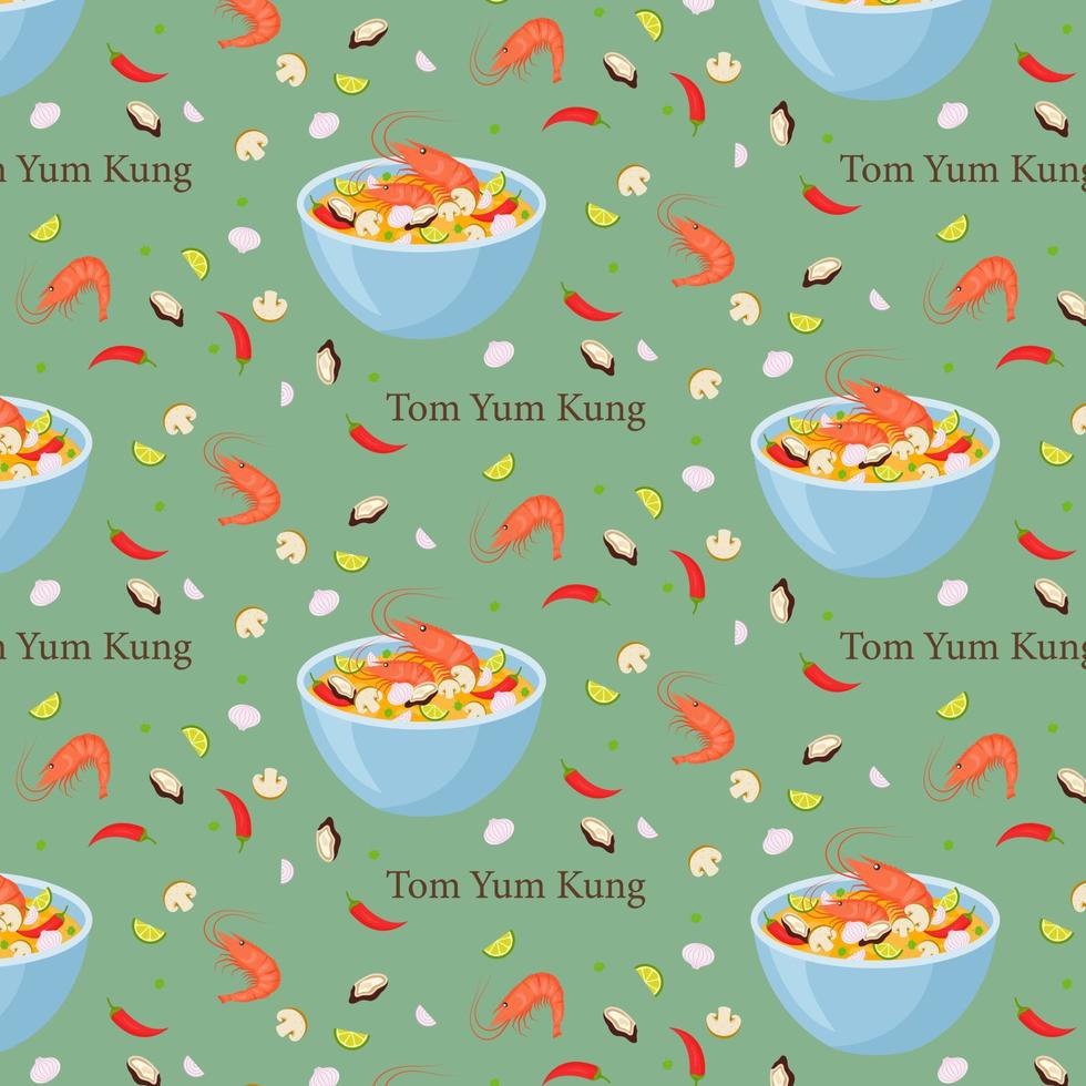 Tom yum kung Thai spicy soup. Pattern. Vector illustration.