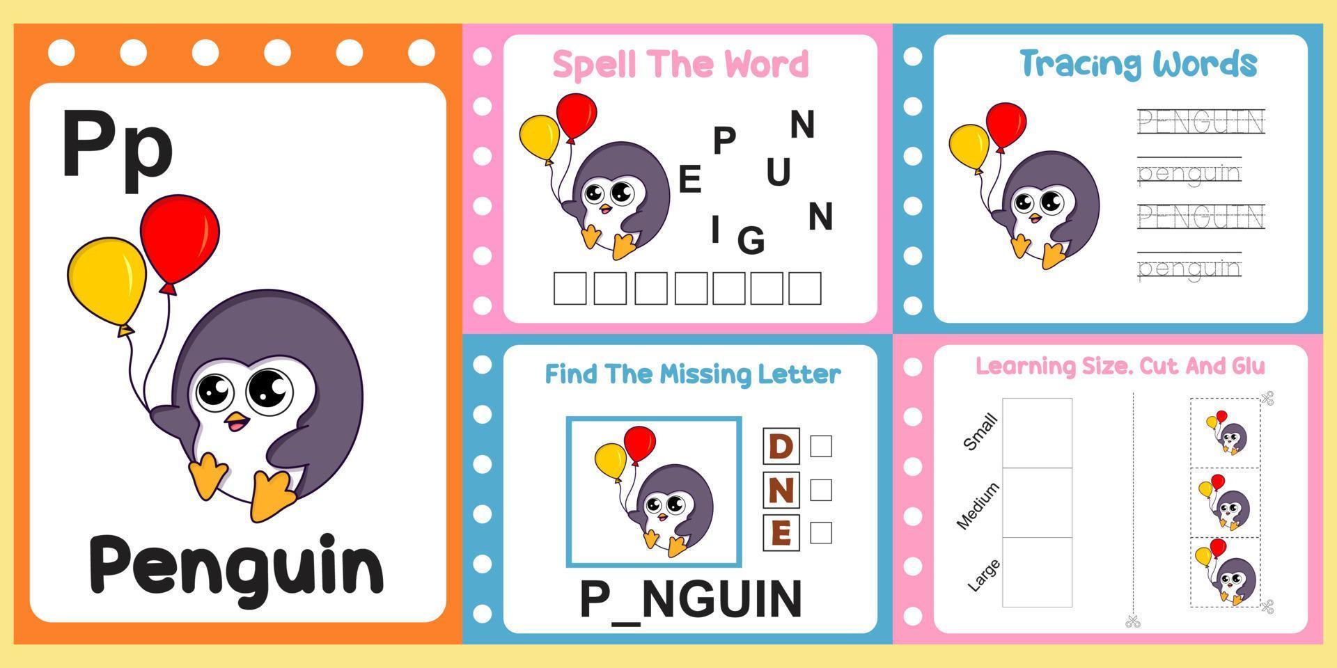 worksheets pack for kids with Penguin. fun learning for children vector