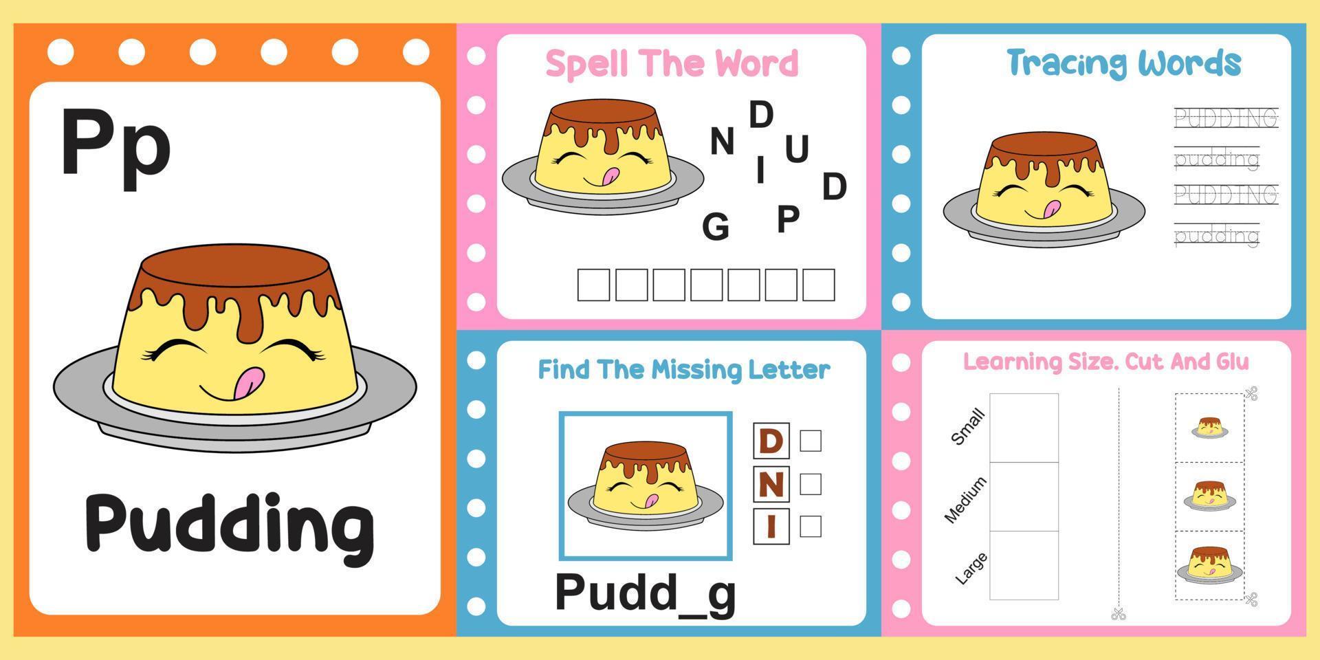worksheets pack for kids with pudding. fun learning for children vector