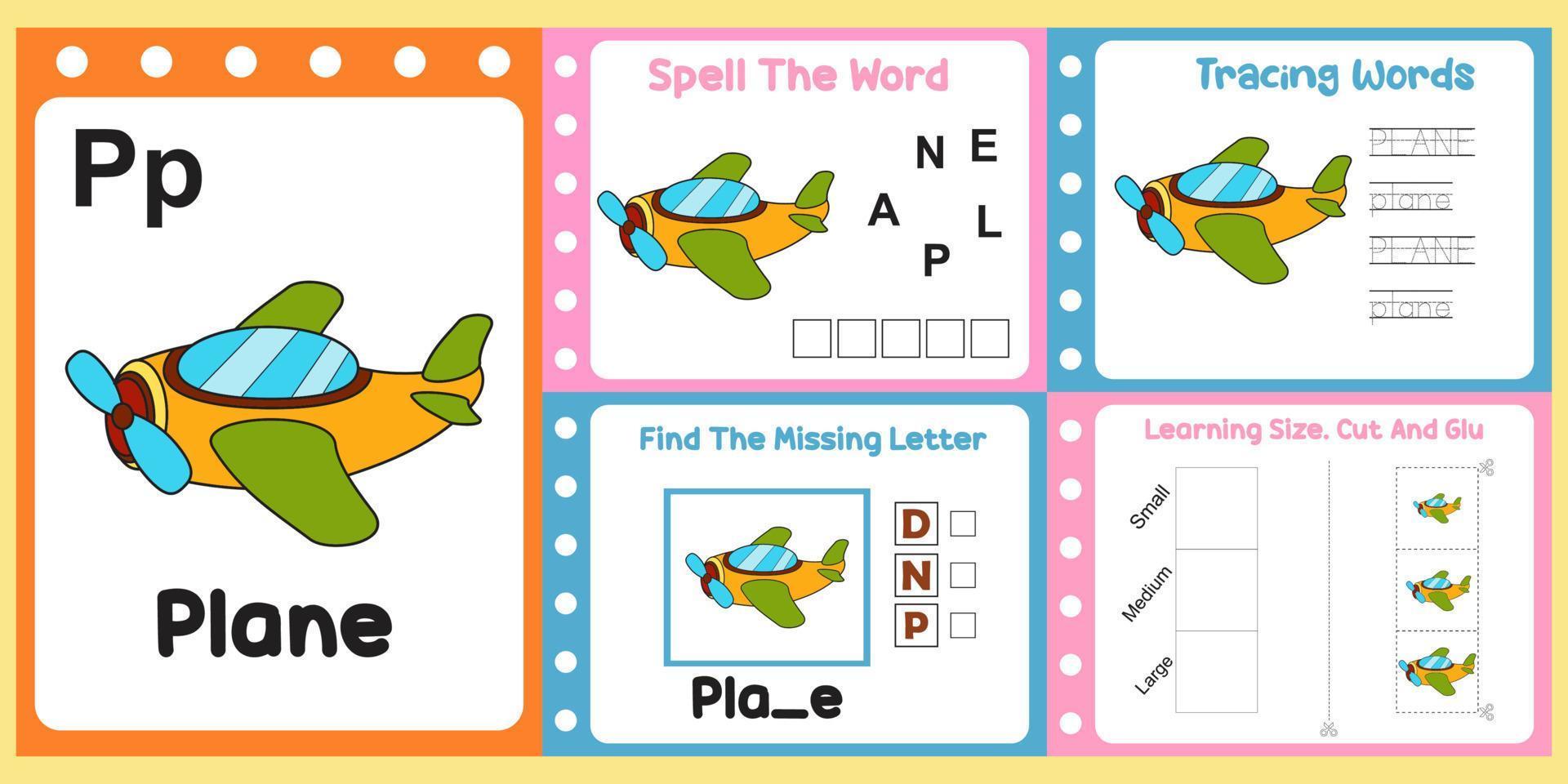 worksheets pack for kids with plane. fun learning for children vector