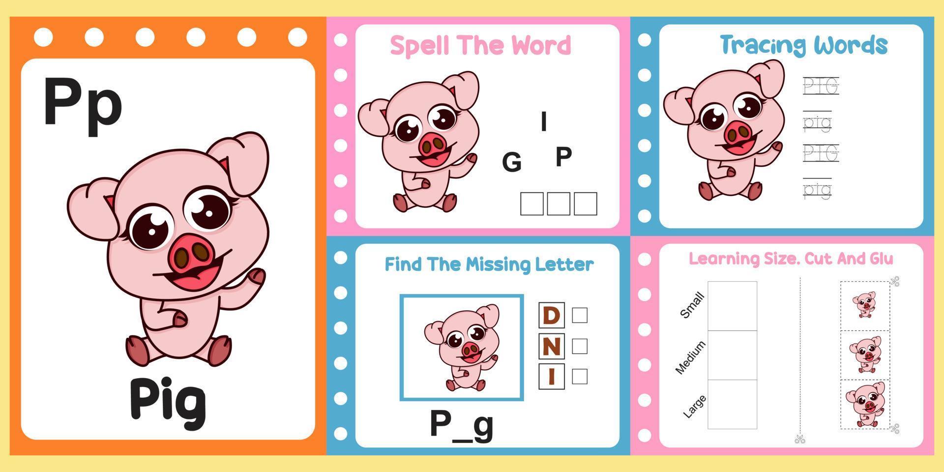 worksheets pack for kids with pig. fun learning for children vector