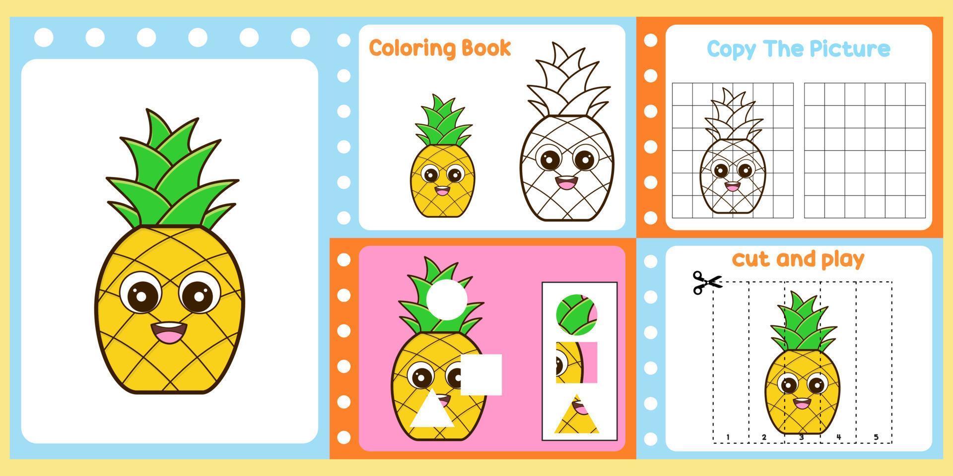 worksheets pack for kids with pineapple. fun learning for children vector
