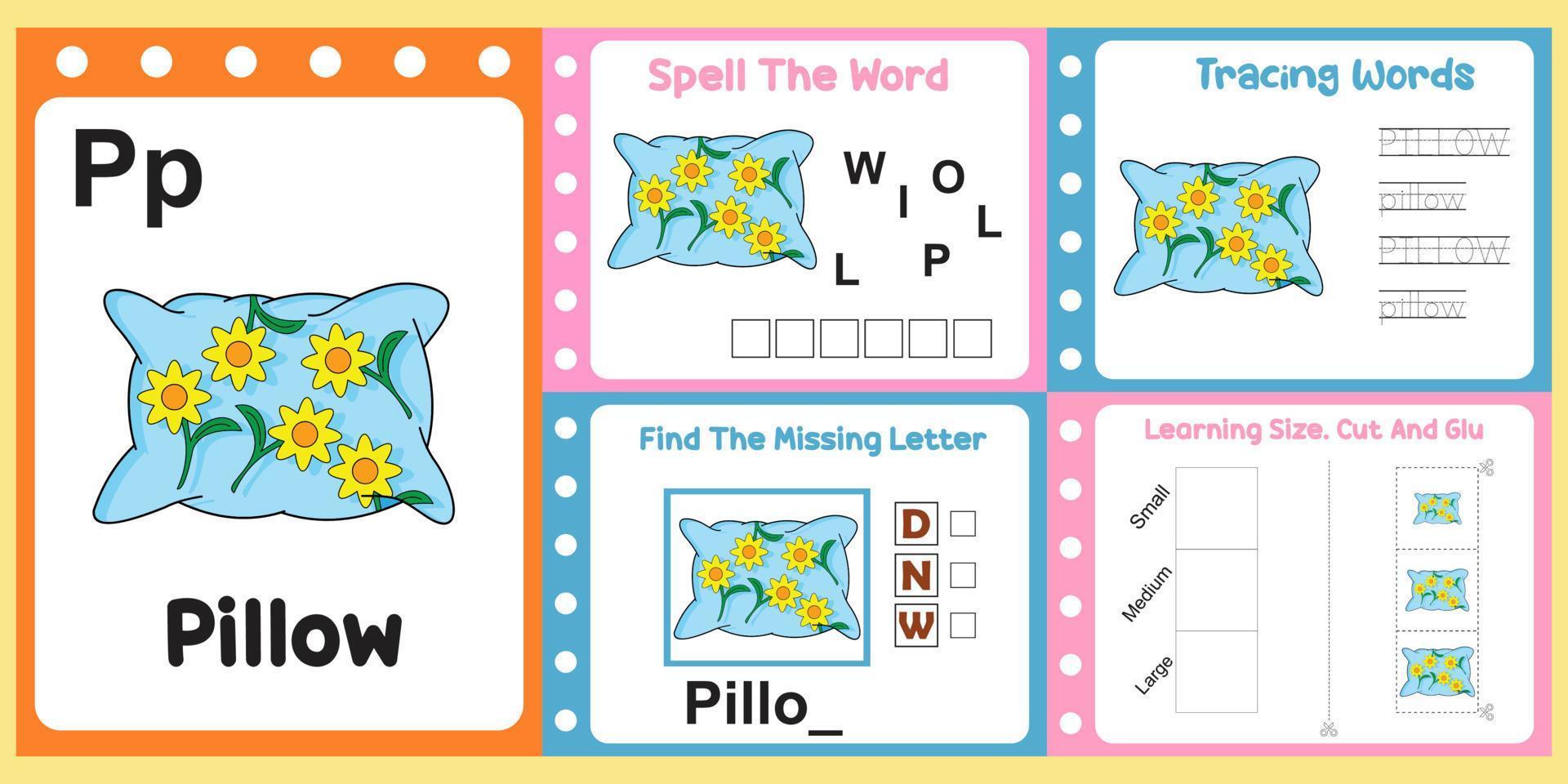 worksheets pack for kids with pillow. fun learning for children vector