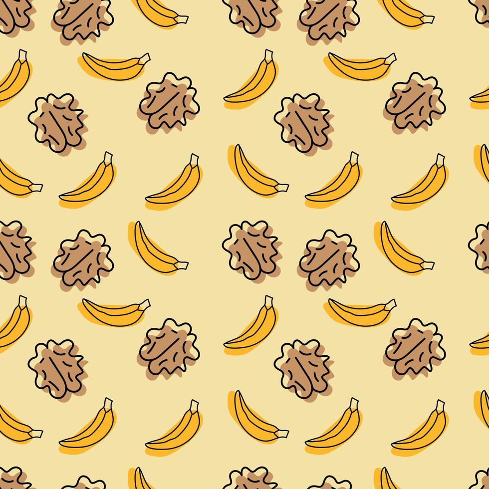 patrón sin costuras con nueces y plátano. plátanos de patrones sin fisuras.comida vegetariana saludable. ilustración vectorial textura de moda para embalaje, textil, papel pintado. vector