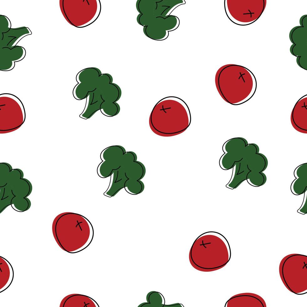 conjunto de verduras sin costuras de brócoli y cereza de tomate. dibujo a mano de patrones sin fisuras vectoriales, tres brócoli para envolver papel, fondo, cortina. vector