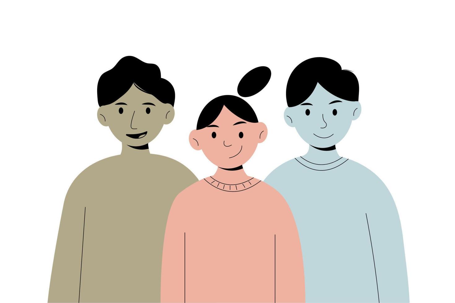 Friends Standing Together. Diverse People Group Portrait. Happy Woman and Man Characters Hugging, Laughing and Having fun. Young Creative Team. Friendship Concept. Flat Cartoon Vector Illustration.