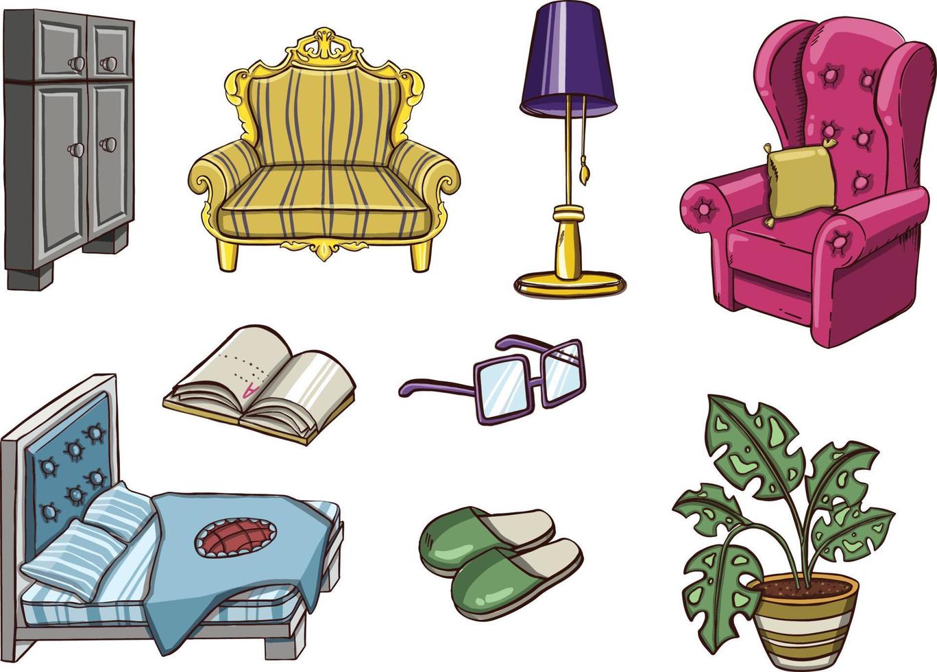 A set of furniture for rest and sleep is colored. Sofa, armchair, bed. illustration vector