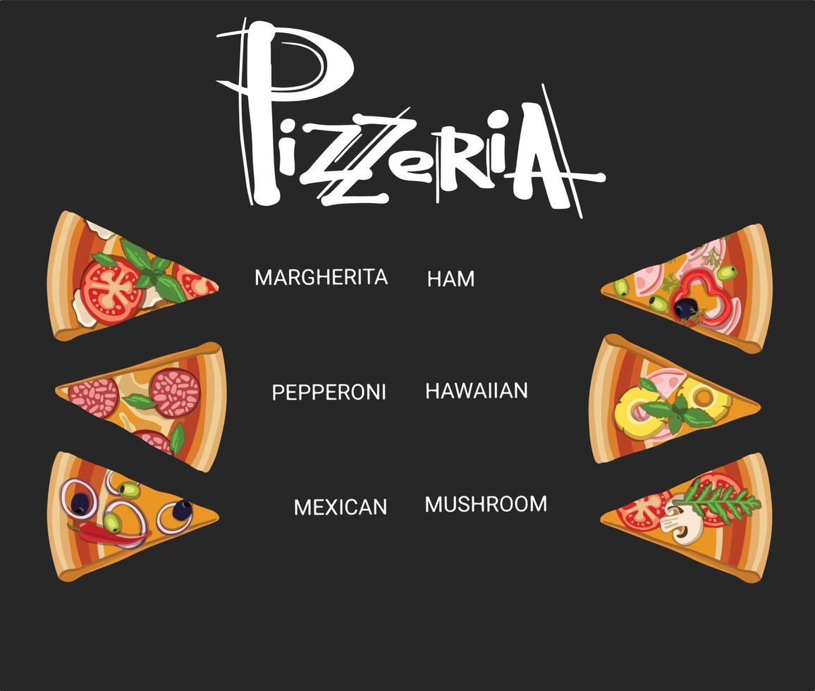 Set slice pizza Pepperoni, Hawaiian, Margherita, Mexican, Seafood, Capricciosa. vector engraving illustration for menu, box. Vector illustration