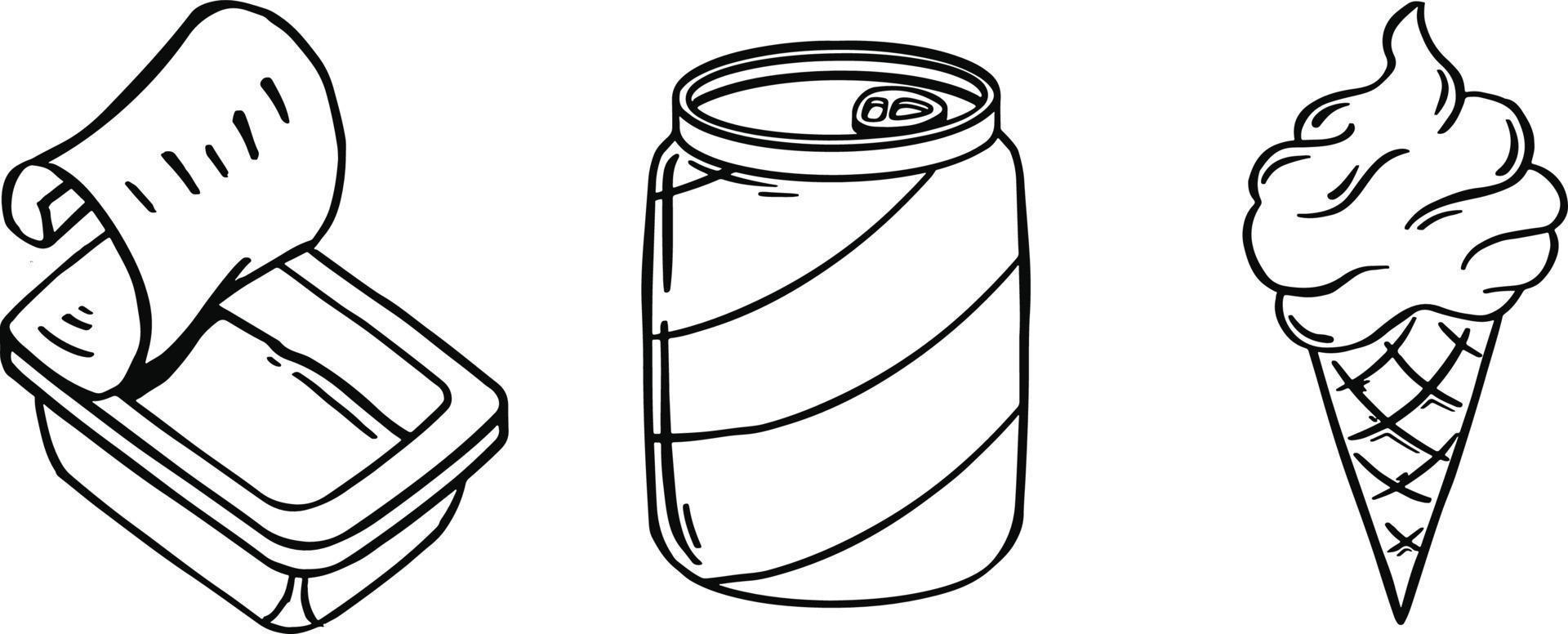 Conjunto vectorial de bocetos de alimentos y bebidas aislado en un fondo blanco. vector