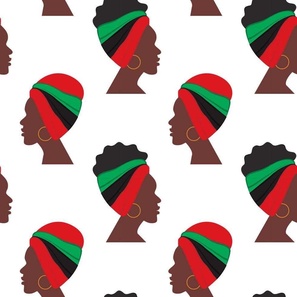 Seamless pattern from profile African woman with headdress in national hues turned in different way vector