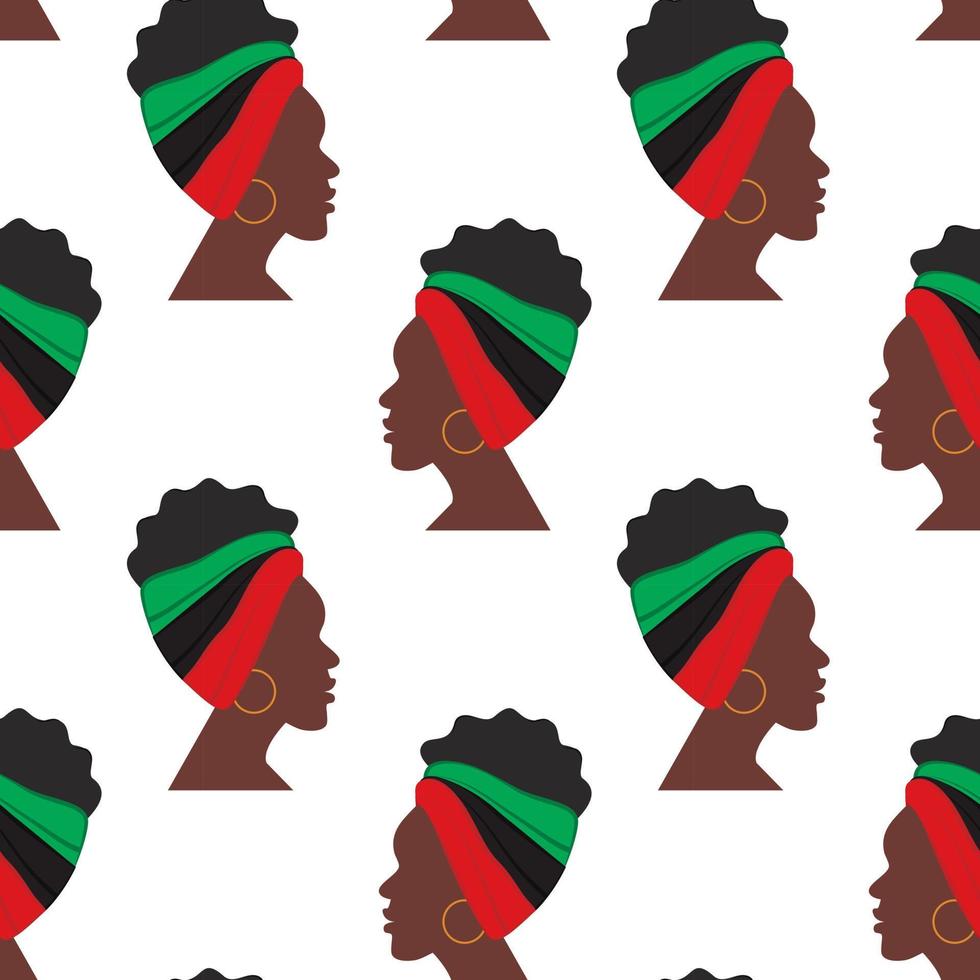 Seamless pattern of African woman profile with headband in national colors turned in different path vector