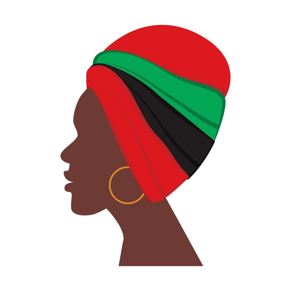 African American woman profile in national headdress in traditional African colors. Sticker. Icon vector