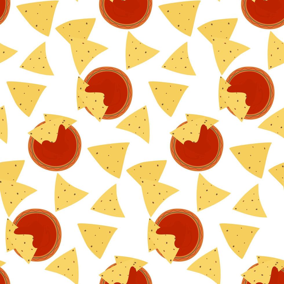 Seamless pattern with traditional nachos corn chips and tomato sauce in cartoon style. Mexican food vector