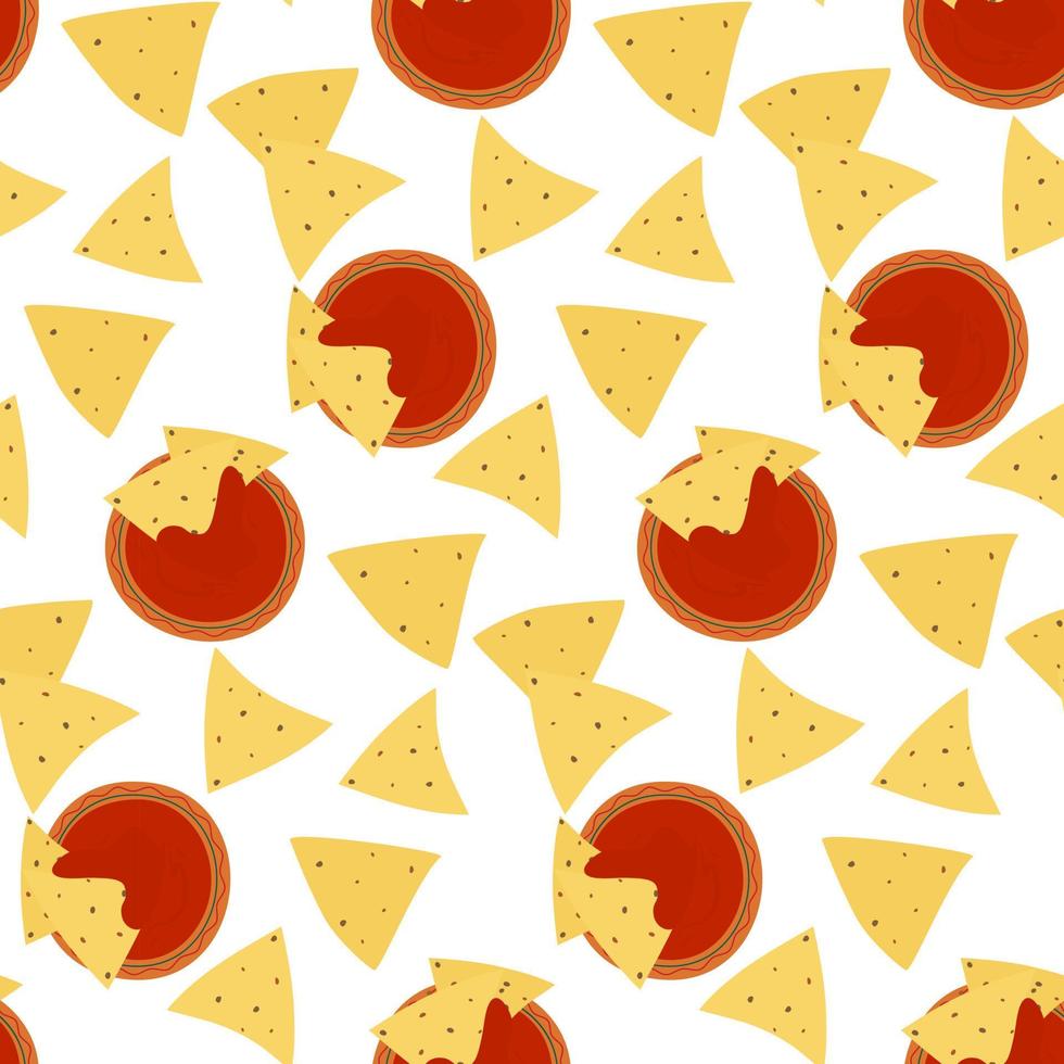 Seamless pattern with traditional nachos corn chips and tomato sauce in cartoon style. Mexican food vector