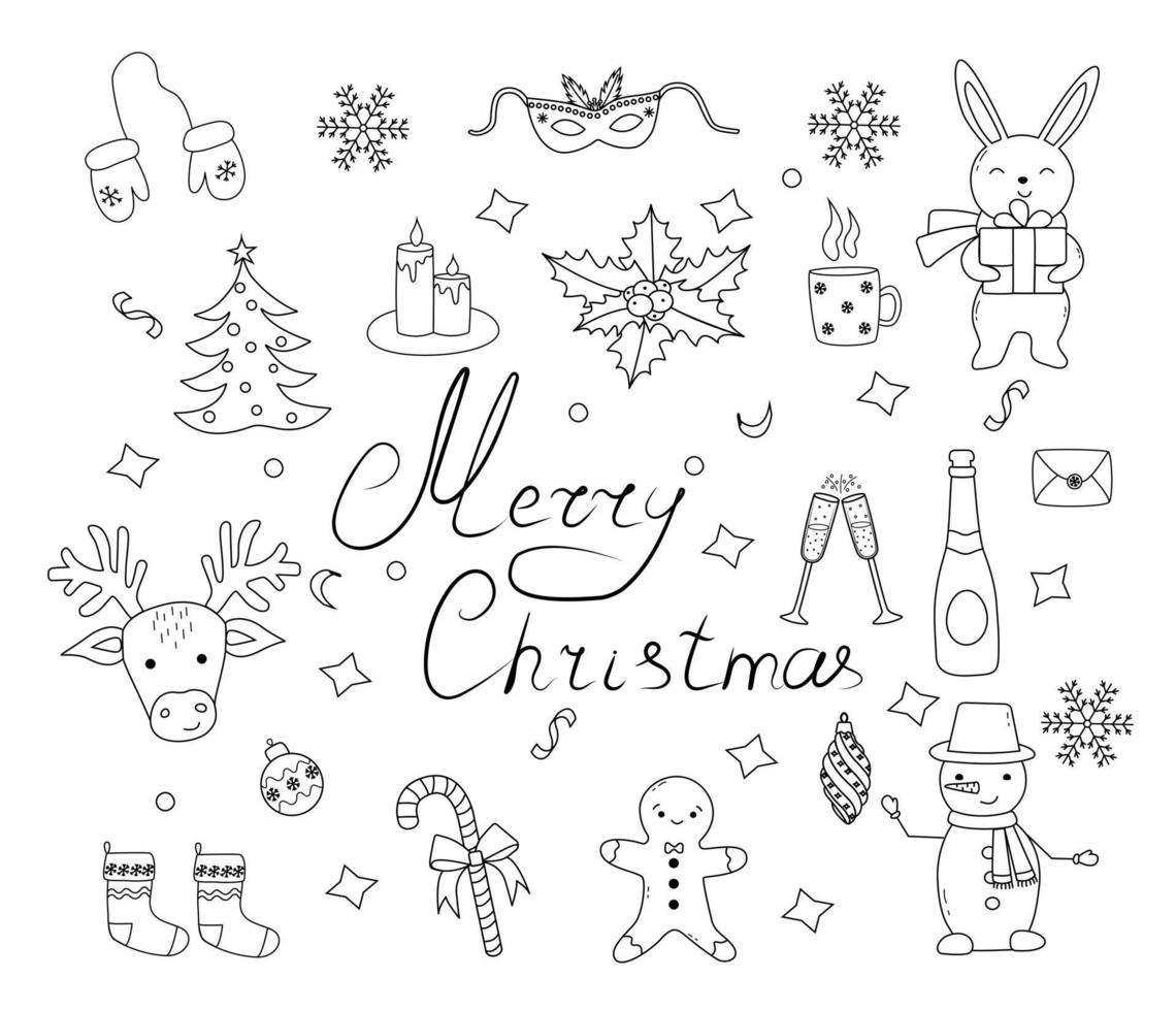 Hand drawn xmas illustrations.Set of christmas new year . Vector doodle illustration