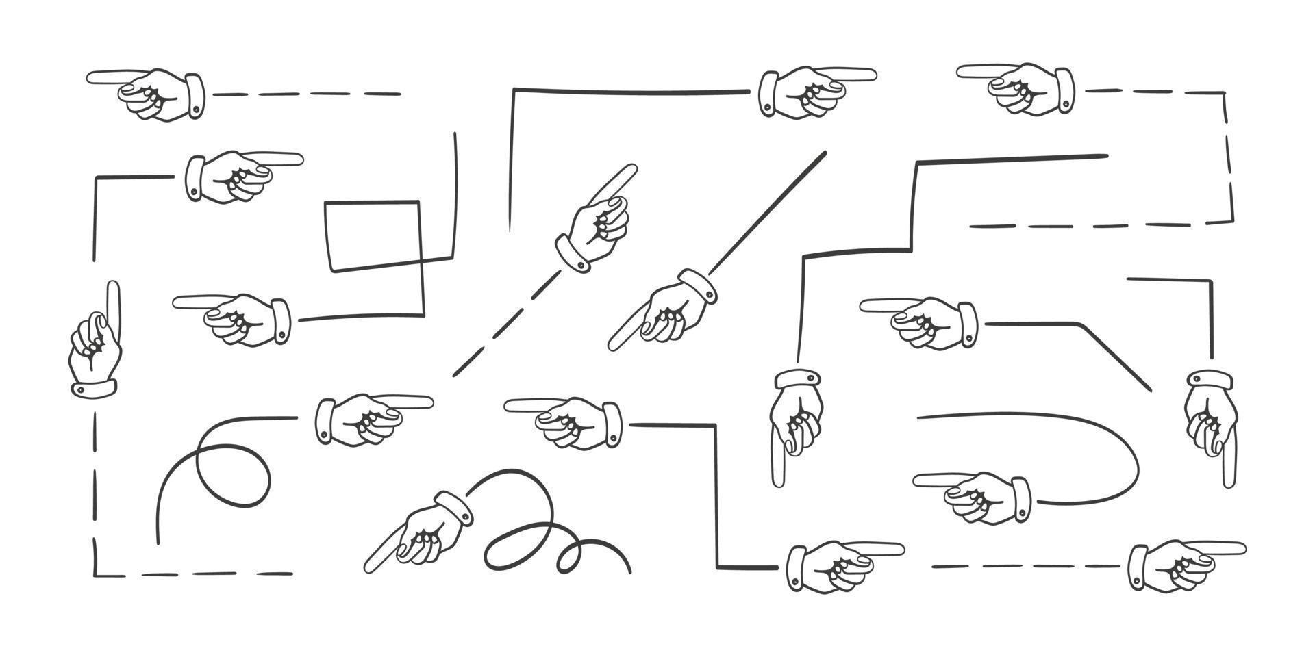 Arrows icons. Hand drawn arrow vector set. Index finger instead of an arrow. Vector illustration