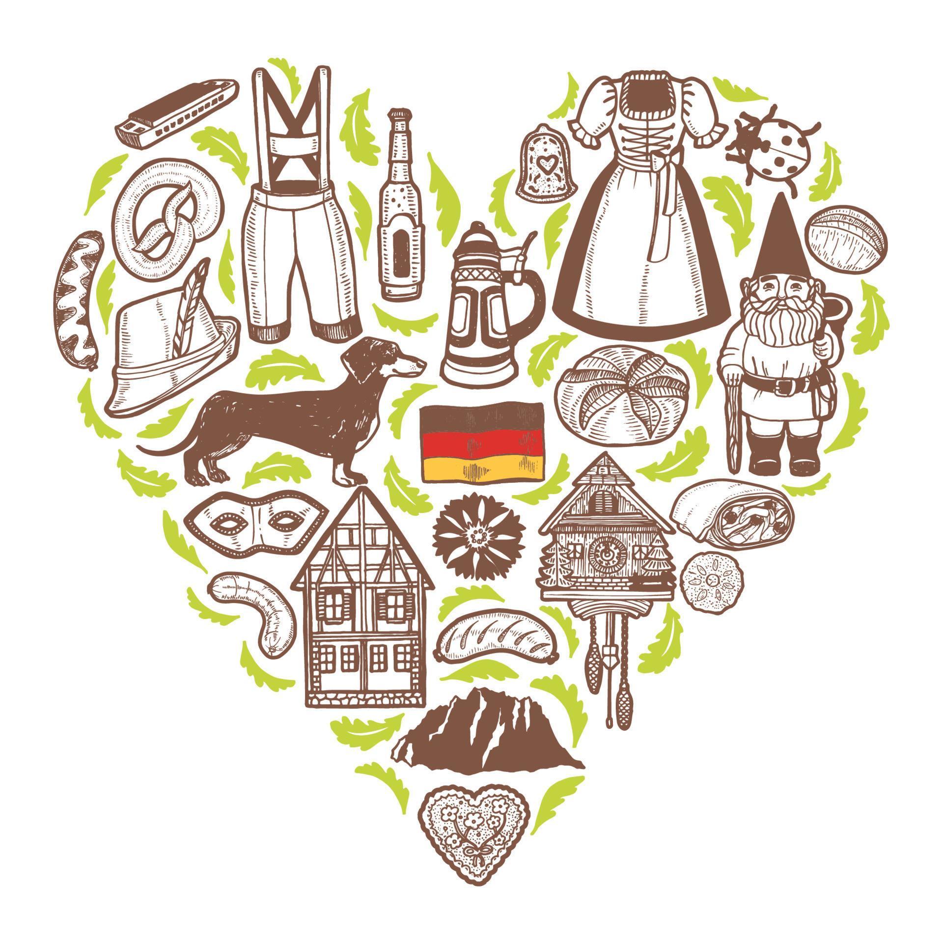 German Symbols Heart Composition. Template in HandDrawn Style for