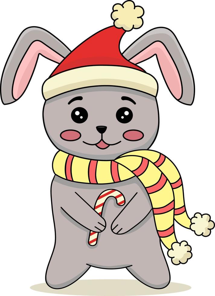 Cute Christmas bunny with lollipop candy. Funny Christmas character for design, printing, postcards, posters. Flat cartoon vector illustration on a white background.The symbol of the Chinese New Year
