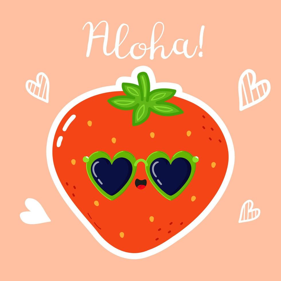 Cute funny strawberry character. Vector hand drawn cartoon kawaii character illustration icon. Isolated on background. Strawberry character concept. Aloha card