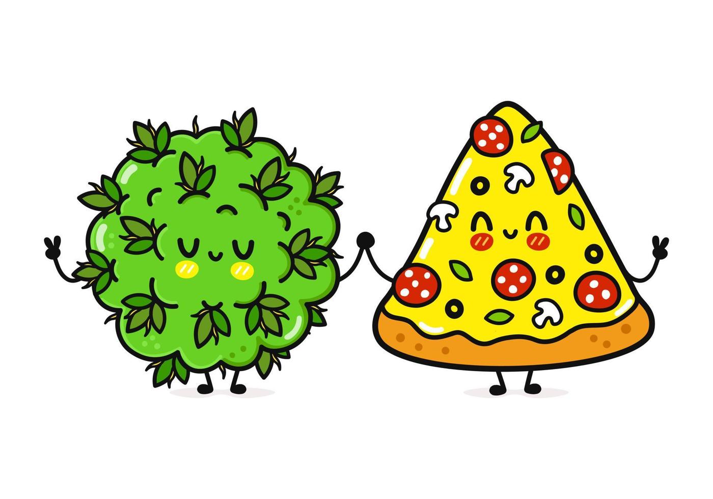 Cute, funny happy pizza and marijuana weed bud character. Vector hand drawn cartoon kawaii characters, illustration icon. Funny cartoon happy pizza and marijuana weed bud friends
