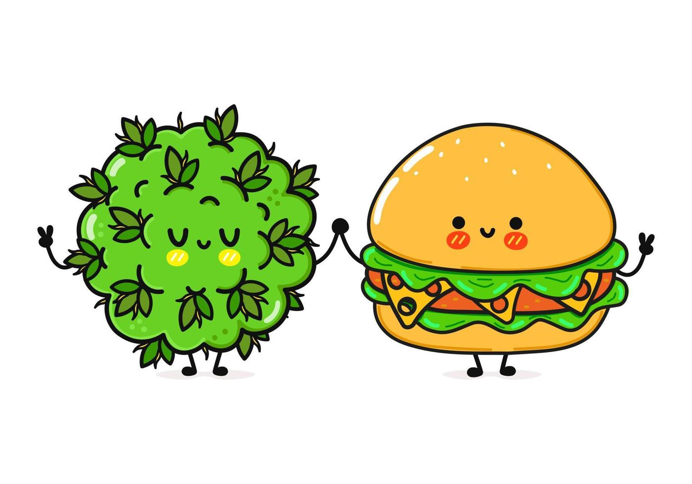 Cute, funny happy hamburger and marijuana weed bud character. Vector hand drawn cartoon kawaii characters, illustration icon. Funny cartoon happy hamburger and marijuana weed bud friends