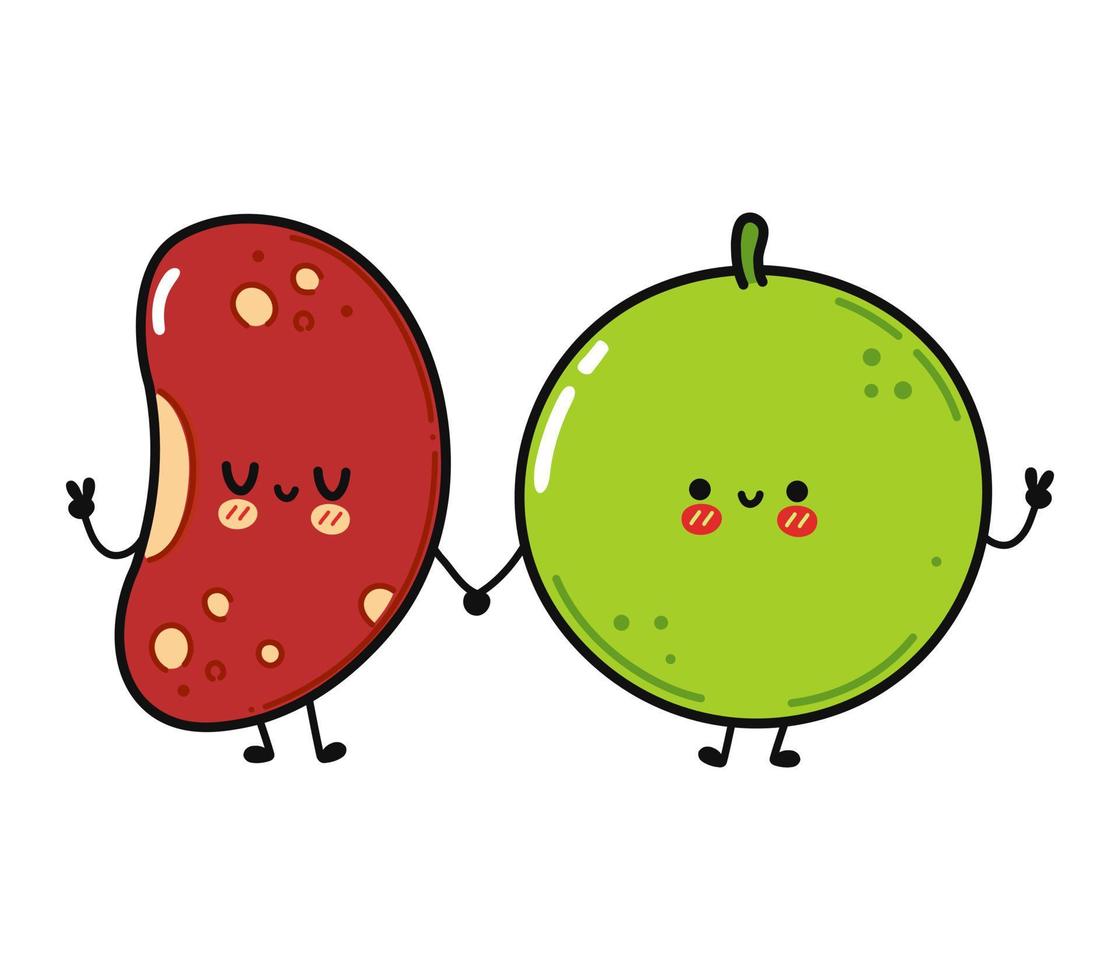 Cute, funny happy peas and red bean character. Vector hand drawn cartoon kawaii characters, illustration icon. Funny cartoon happy peas and red bean friends