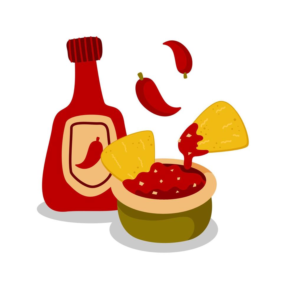 salsa de tomate con nachos. bocadillo picante mexicano. cocina mexicana vector