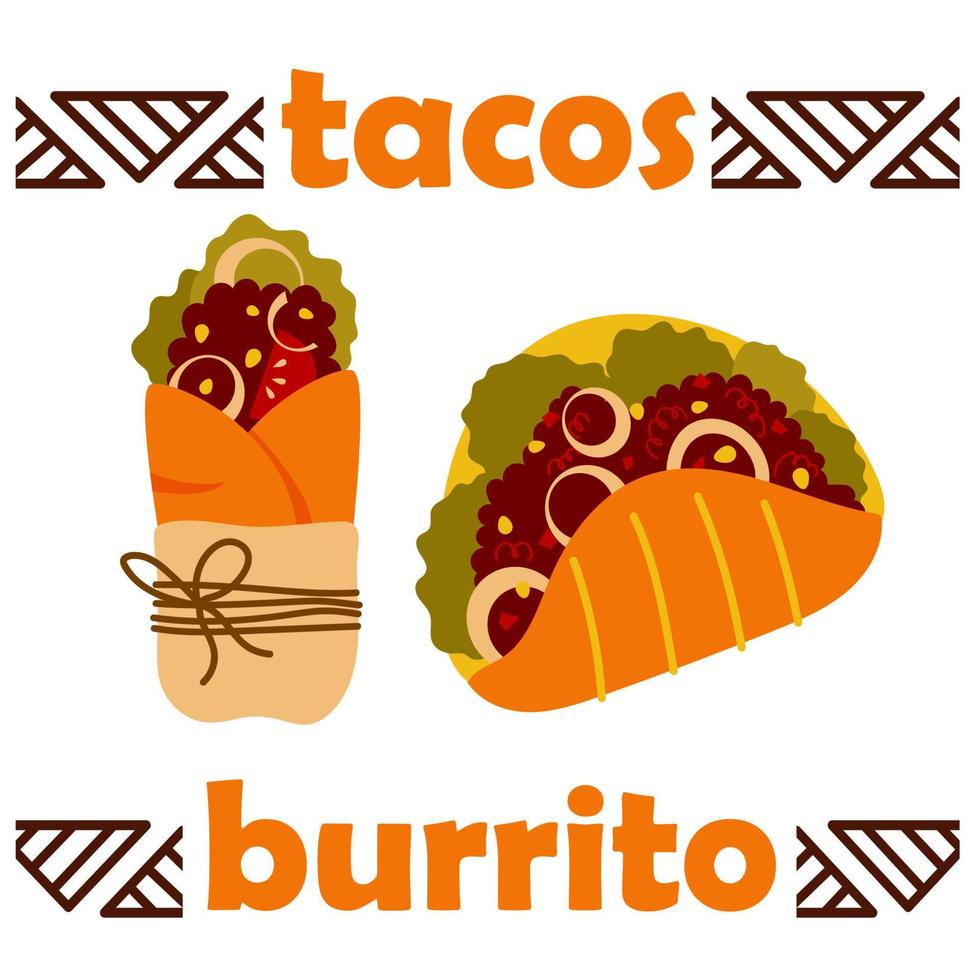 Tacos and burritos mexican food. Vector cartoon illustration