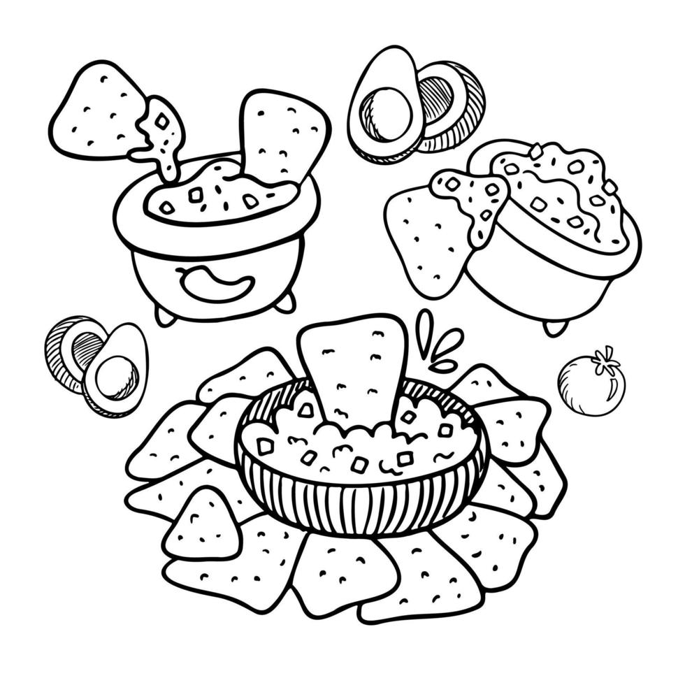 Mexican food coloring page. Nachos with guacamole, tomato salsa