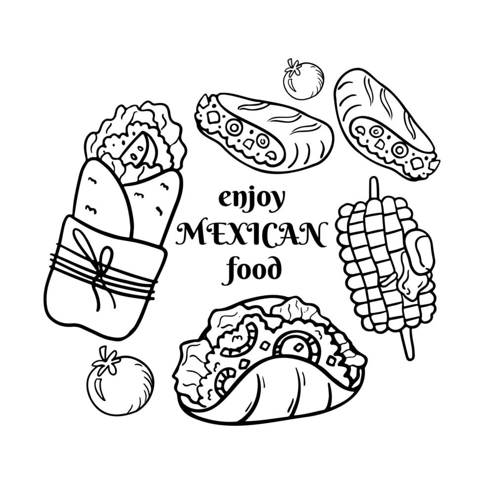 Mexican food coloring page. Doodle burrito, tacos, corn. Latin American cuisine vector