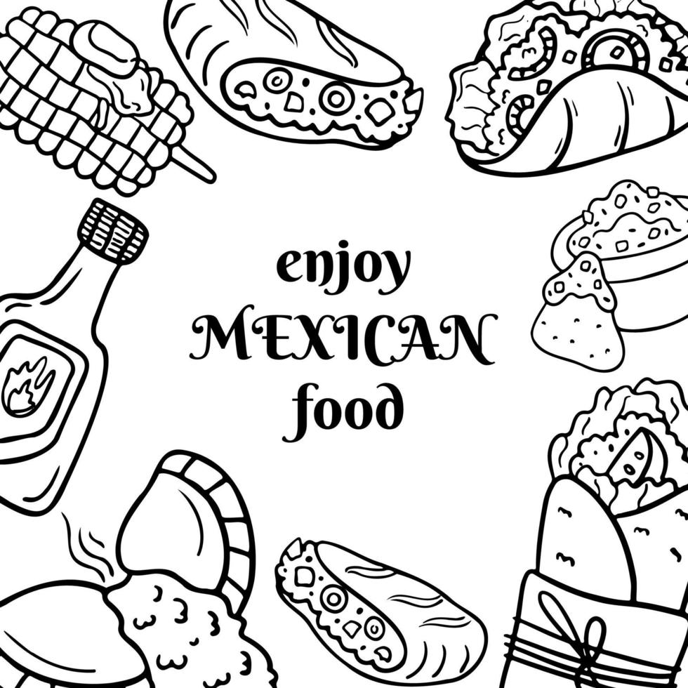 Hand drawn Mexican cuisine dishes. Food coloring book vector