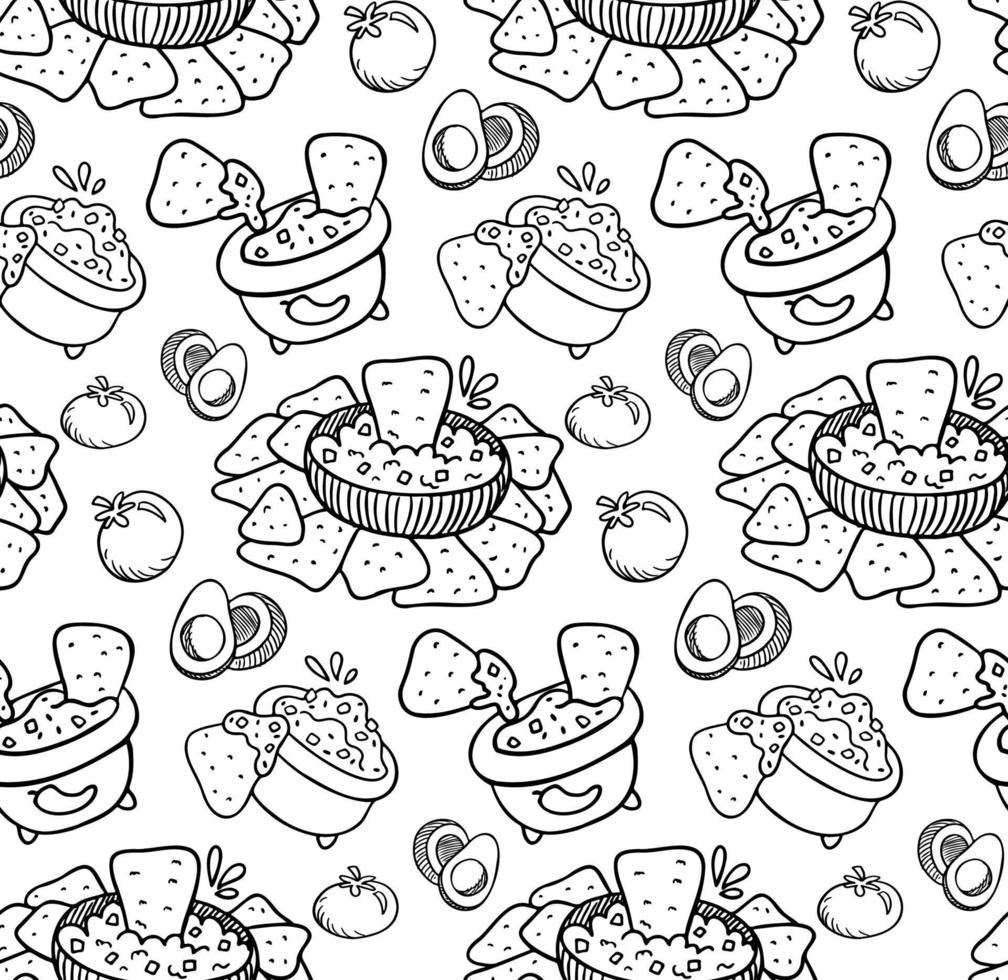 Mexican food coloring page. Nachos with guacamole, tomato salsa. Print