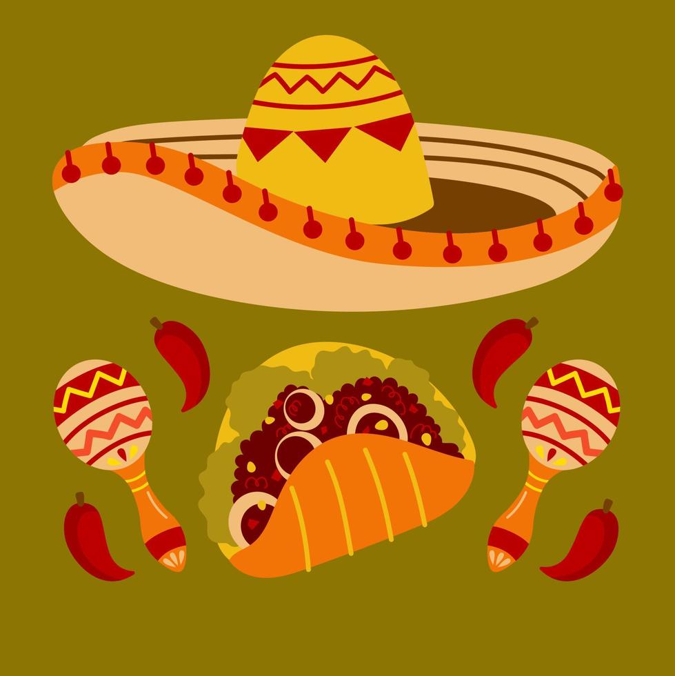 Mexican culture elements, sombrero, maracas, taco, pepper vector
