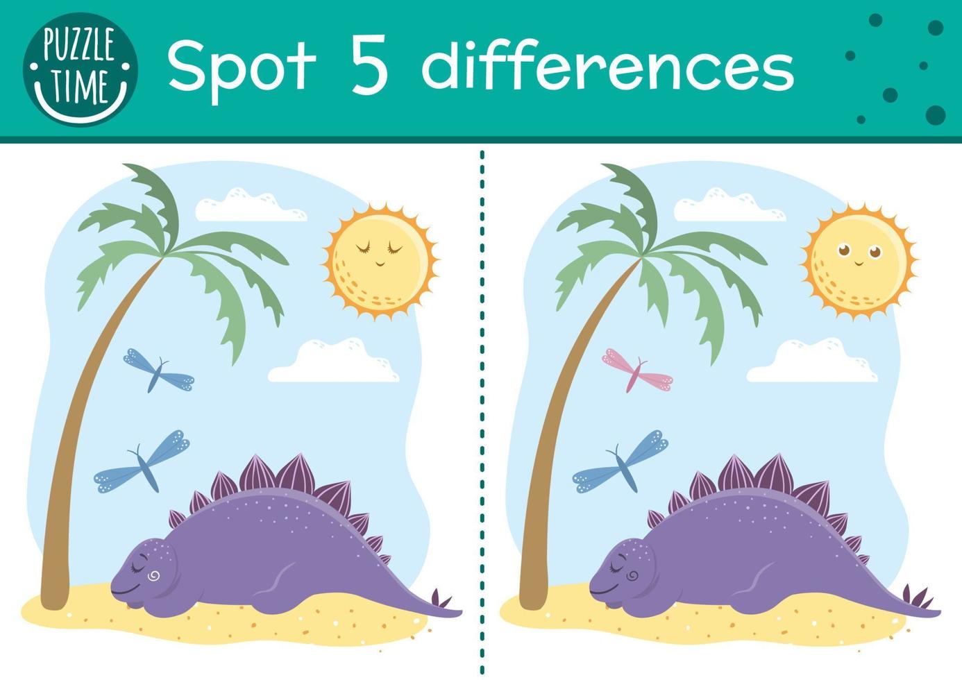 Prehistoric find differences game for children. Jurassic period educational activity with funny dinosaur. Printable worksheet with dino sleeping under the sun. Cute ancient animal puzzle for kids vector